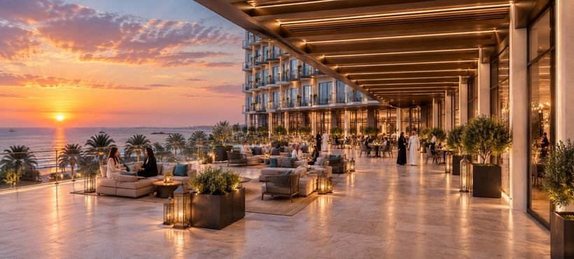 Exterior lounge at sunset