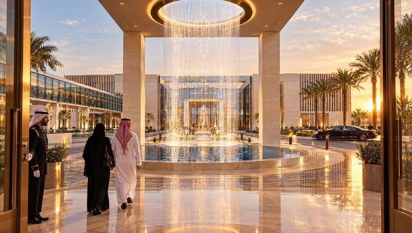 From the lobby doors to the waterfall