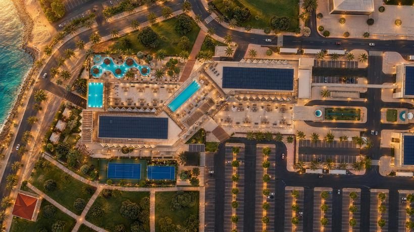 Plan-view aerial at dusk