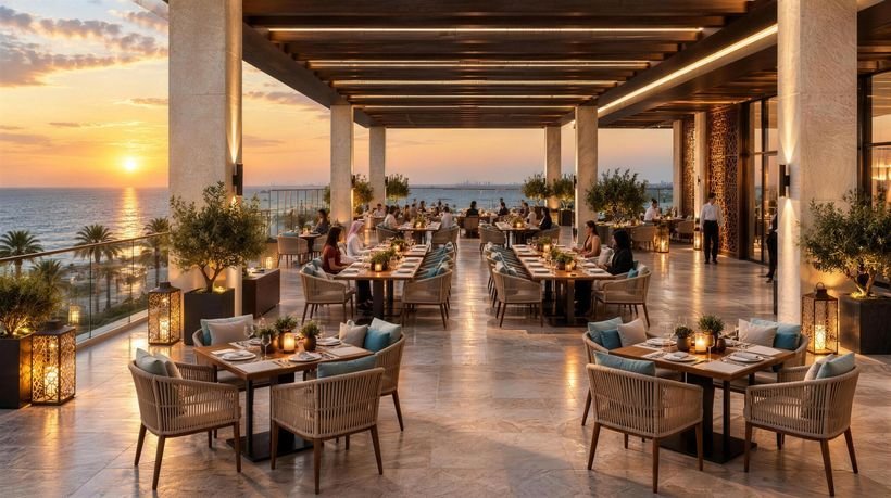 Sea-facing al fresco terrace at sunset