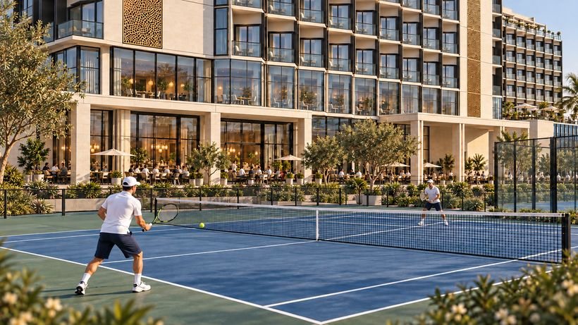 Tennis court beside the gardens