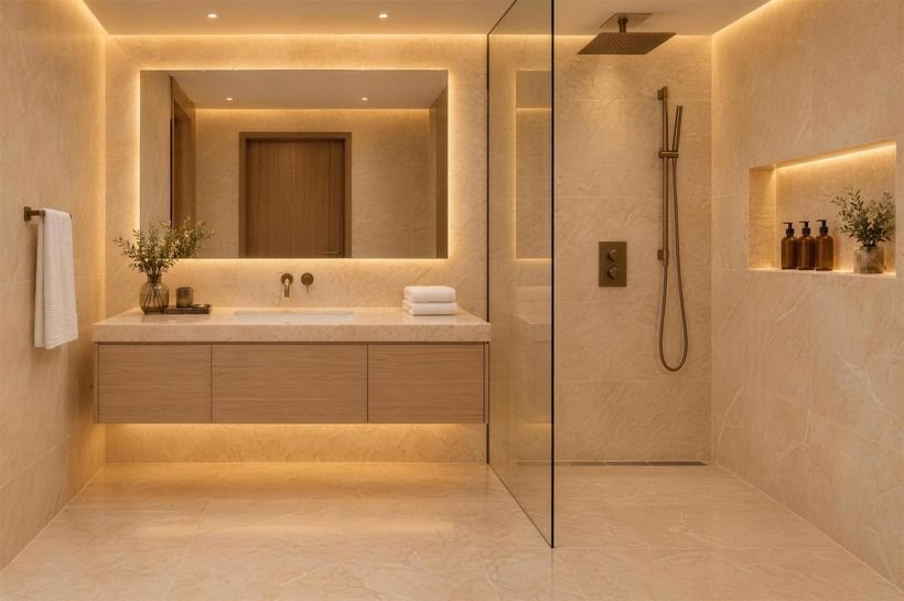 Guest bathroom vanity and shower